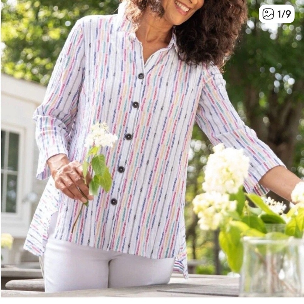 Habitat White Multicolor Stripe Fiesta Weave Tunic Top SZ S